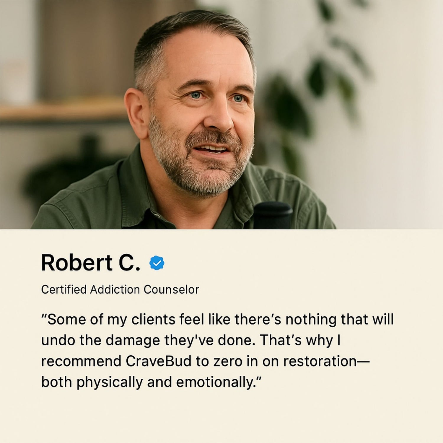 Man with a beard and green shirt, identified as a certified addiction counselor, with text about CraveBud.